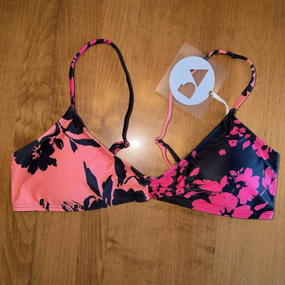 NEW Perfect Vacation Swim x Tillys Neon Floral Bikini TOP Size Small Pink Orange